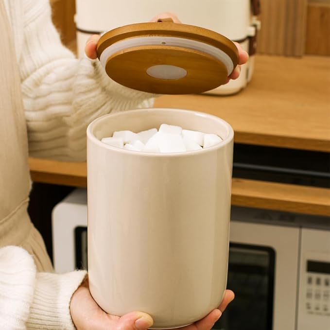 Large Ceramic Storage Jars, Modern Elegant Highly Polished Airtight Gorgeous Storage Canisters with Wooden Lid Food Storage Jar for Kitchen Spice Tea Vanilla Sugar Coffee Beans (Khaki)-Ruum Studio Home