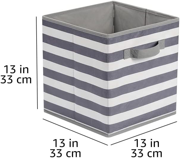 Amazon Basics Cube Organizer Storage Bins Handles, Collapsible Fabric, Pack of 6, 13"x13"x13", White/ Light Grey Stripe-Ruum Studio Home