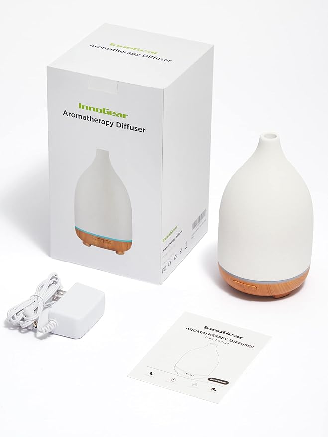 InnoGear Oil Diffuser, 150ML Ceramic Diffuser for Essential Oils Handcrafted Aromatherapy Diffuser Ultrasonic Cool Mist Humidifier with 2 Mist Modes Waterless Auto Off for Room Office, White-Ruum Studio Home