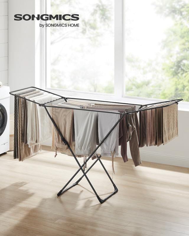 SONGMICS Clothes Drying Rack, Metal Laundry Drying Rack, Foldable, Space-Saving, Free-Standing Airer, with 2 Gullwings, Indoor Outdoor Use, Bed Linen Clothing, Black ULLR540B01-Ruum Studio Home