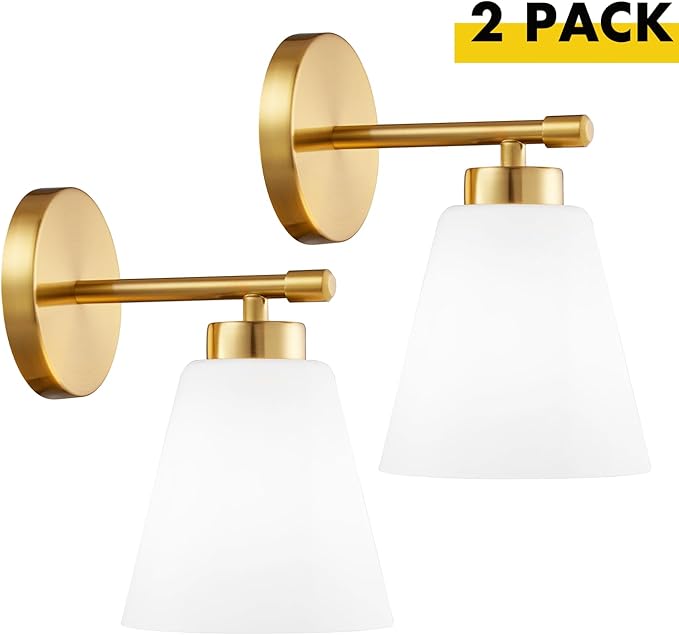 Hamilyeah Gold Sconces Wall Lighting Set of Two with Frosted Glass Shade, Industrial Bathroom Lighting Fixture with Milk Shade, Modern Brass Vanity Sconce Lighting for Bedroom, Living Room-Ruum Studio Home