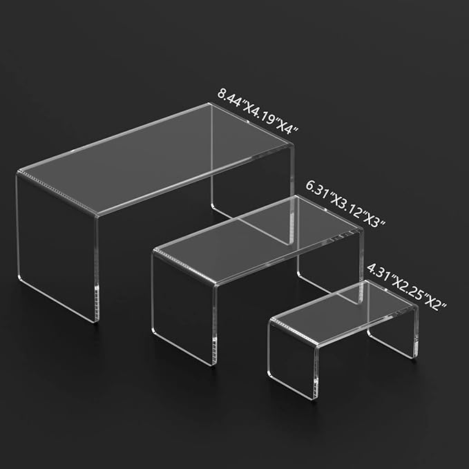 HIIMIEI Acrylic Risers for Display Clear 3-Tier Risers Stands Showcase for Amiibo Funko Pop Figures, Dessert, Jewelry-8.4"x 6.3"x 4.3" (2 Sets)-Ruum Studio Home