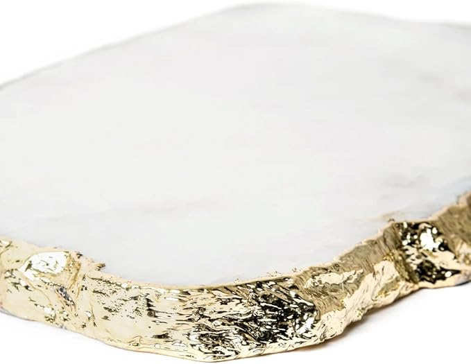 Generic White Quartz Agate Cheese Board Platter Tray Gold Plated Edges Agate Slab for Table Centrepiece Geode Stone Gifts For House Warming, Engagement, Wedding, Christmas-Ruum Studio Home