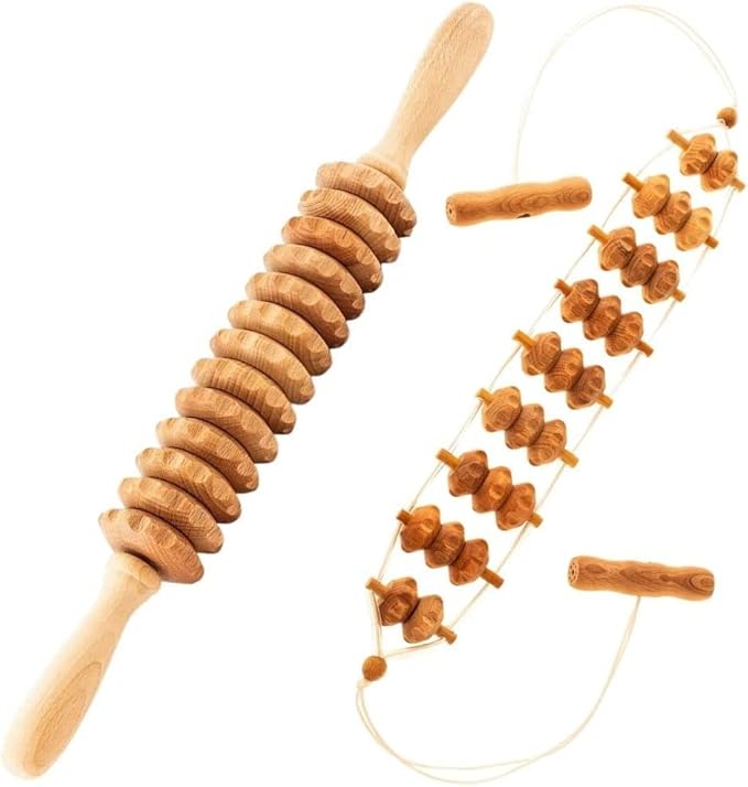 2 Pcs Wooden Sturdy Lymphatic Drainage Roller & Back Massager with Ropes, Maderotherapy, Body Sculpting- Recommended by Professionals (Roller & Massager)-Ruum Studio Home