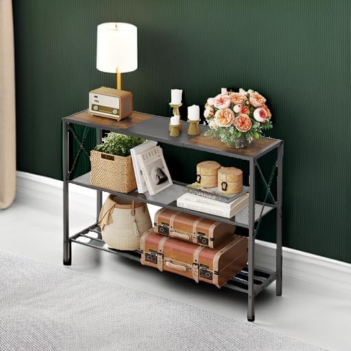 Hoctieon Industrial Console Table, 3 Tier Entryway Table, Hallway Table, Narrow Sofa Table with Shelves, Entrance Table for Entryway, Rustic Brown&Black-Ruum Studio Home