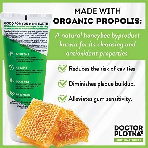 MOUTHWATCHERS Whitening Fluoride Free Naturally Sourced Toothpaste, 3 oz Tube, for Sensitive Teeth and Gums, Fresh Organic Mint and Propolis, by Dr. Plotka's-Ruum Studio Home