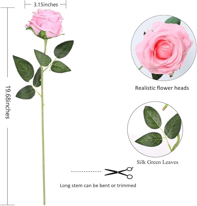 Pink Fake Roses Artificial Flowers - 10 Pcs Fake Artificial Roses Silk Flowers with Stems for Home Wedding Hotel Office Centerpiece Decor-Ruum Studio Home