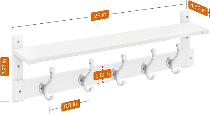 Homode Coat Rack With Wall Shelf, 29" Wooden Entryway Floating Shelf With Hooks Underneath, Hanging Coat Hanger for Bathroom, Living Room, Bedroom, Hallway, White-Ruum Studio Home