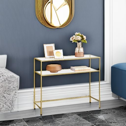 VASAGLE 39.4 Inch Console Sofa Table, Modern Entryway Table, Tempered Glass Table, Metal Frame, 2 Shelves, Adjustable Feet, for Living Room, Hallway, Gold Color ULGT025A01-Ruum Studio Home