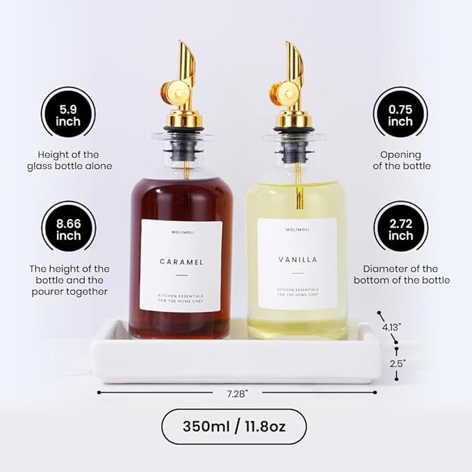 Molimoli Olive Oil Dispenser Bottle for Kitchen, Coffee Syrup Dispenser w. Weighted Pourer, Glass Bottle Dispenser for Kitchen with Ceramic Tray | Gold, 350ml, Set of 2-Ruum Studio Home