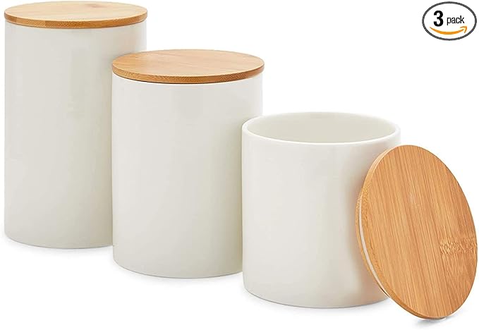 Farmlyn Creek Set of 3 White Ceramic Canisters with Airtight Wooden Bmaboo Lids - Kitchen Counter Containers - Food Storage Jars for Storing Sugar, Coffee, Snacks and Other Dry Goods (3 Sizes)-Ruum Studio Home