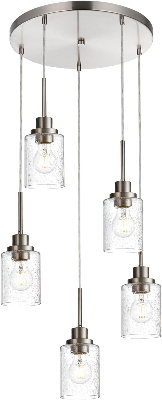 5 Light Farmhouse Pendant Lighting for Kitchen Island,Brushed Nickel Dining Room Cluster Pendant Light Fixtures Hanging Ceiling with Seeded Glass,Modern Pendant Light for Entrance Stairwell-Ruum Studio Home
