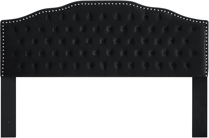 24KF Upholstered Button Tufted King Size Headboard with Nailhead Trim, Soft Velvet Fabric Headboard King/Cal King Size-Black-Ruum Studio Home