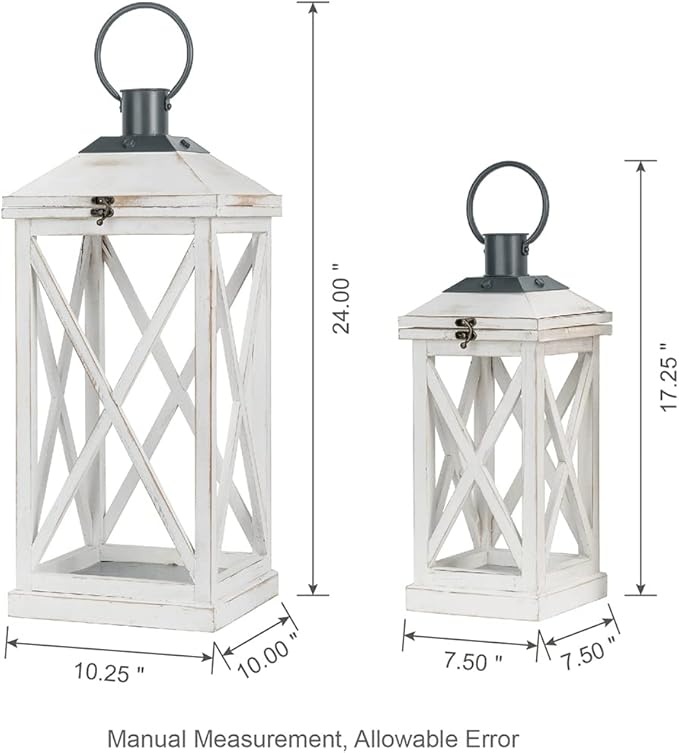 Glitzhome Mondern Farmhouse Wooden Lantern Hanging Decorative Candle Lantern for Outdoor & Indoor Wash White Set of 2 (No Glass)-Ruum Studio Home