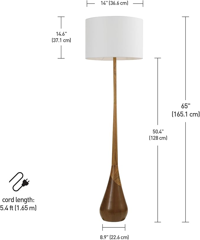 GLOBE Electric Novogratz x Harrington 65" Floor Lamp, 2-Tone Faux Wood Base, White Fabric Shade, Socket Rotary Switch 67225-Ruum Studio Home