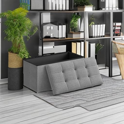 SONGMICS MAZIE Collection - 30 Inches Folding Storage Ottoman Bench, Ottoman Foot Rest, End of Bed Bench, Storage Chest, Load 660 lb, for Living Room, Bedroom, Entryway, Light Gray ULSF47G-Ruum Studio Home