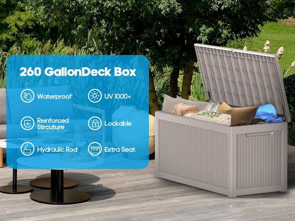 267 Gallon Deck Box Large Outdoor Storage for Patio Furniture,Outdoor Cushions,Garden Tools and Pool Supplies,Waterproof,Resin,Lockable(Grey Rattan)-Ruum Studio Home