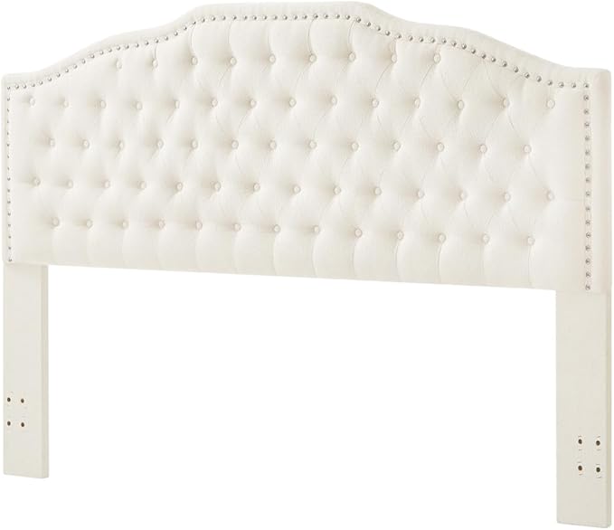 24KF Upholstered Button Tufted King Size Headboard with Nailhead Trim, Elegant Boucle Fabric California King headboard, 6031-K-Boucle-Ivory-Ruum Studio Home