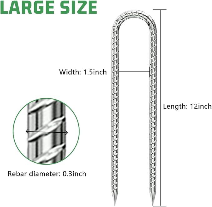 U-Hook-Rebar-Stakes-12 Inch, Ground Stakes Heavy Duty Rebar Stakes for Camping 8pcs Rebar Stakes Rust Proof Coated Metal for Flower Gardens Dog Fence Camping Tents Chicken Coop-Ruum Studio Home