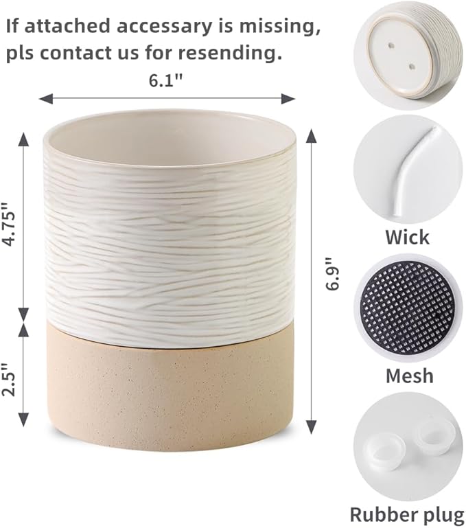 Nihow Self Watering Plant Pot: 6 Inch Ceramic Planter with Drainage Hole & Water Storage Plus for Indoor & Outdoor Plants - Cylinder Round Flower Pot for Succulent/Herbs/Violets - Cream White & Brown-Ruum Studio Home