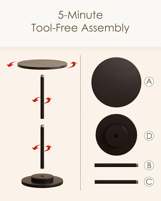 Masupu Drink Table, Round Side Table for Small Spaces, Pedestal Side Table, Small End Table with Metal Base, for Living Room, Bedroom, Bathroom, Black-Ruum Studio Home