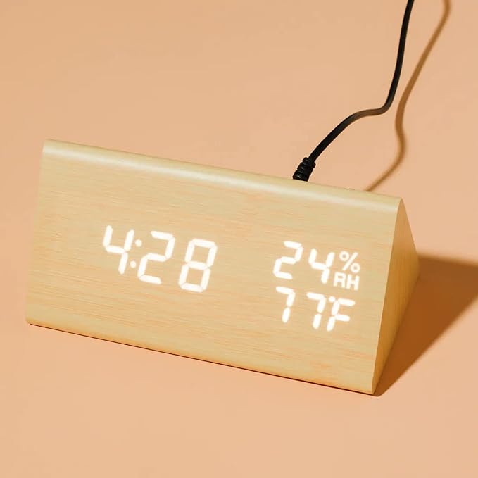 OCT17 Wooden Alarm Clock, Wood Alarm Clock Smart LED Digital Clock for Bedroom/desks, Upgraded with Time Temperature, Adjustable Brightness and Voice Control, Humidity Displaying - Bamboo-Ruum Studio Home