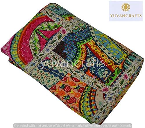 YUVANCRAFTS Patchwork Cotton Kantha Quilt - Indian Traditional Handmade Bedding Vintage Multi Color Quilt Blanket (Twin (60"x90"), Multi Patch 1)-Ruum Studio Home