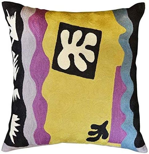 Yellow Matisse Gold Pillow Cover Farmhouse Chair Pillowcase Art Deco Chair Cushion Modern Outdoor Pillow Kids Room Cushions Hand Embroidered Wool Size 18x18-Ruum Studio Home