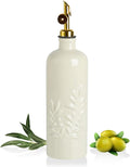Sweejar 18 Oz Oil Dispenser for Kitchen with Gravity Spout, Ceramic Olive Oil Dispenser Bottle, Relief Opaque Vinegar Container for Evoo, Vinegar, Soy Sauce, Pack of 1(Beige, Gold Spout)-Ruum Studio Home