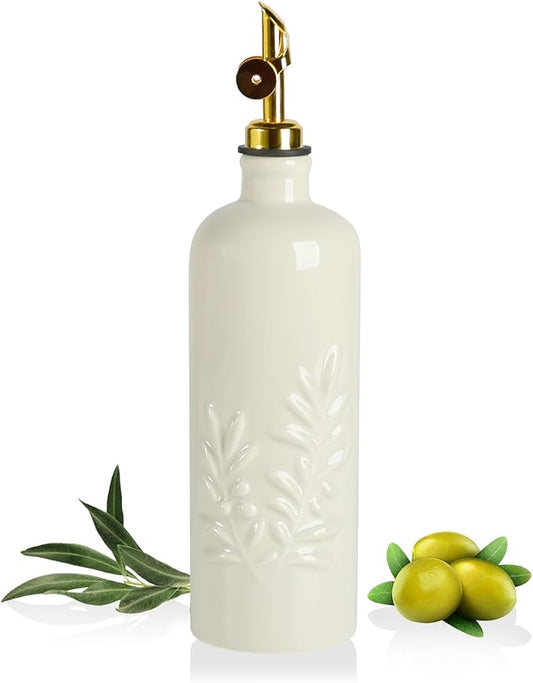 Sweejar 18 Oz Oil Dispenser for Kitchen with Gravity Spout, Ceramic Olive Oil Dispenser Bottle, Relief Opaque Vinegar Container for Evoo, Vinegar, Soy Sauce, Pack of 1(Beige, Gold Spout)-Ruum Studio Home