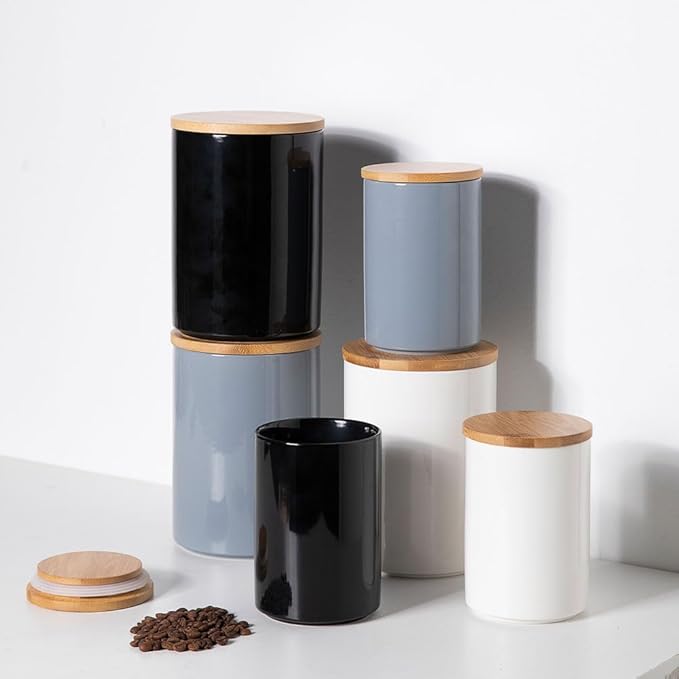 Sweejar Kitchen Ceramic Food Storage Containers Set, Stackable Canisters for Countertop with Airtight Boomboo Lids for Serving Ground Coffee, Tea, Sugar, Salt and More- Set of 2 (White)-Ruum Studio Home