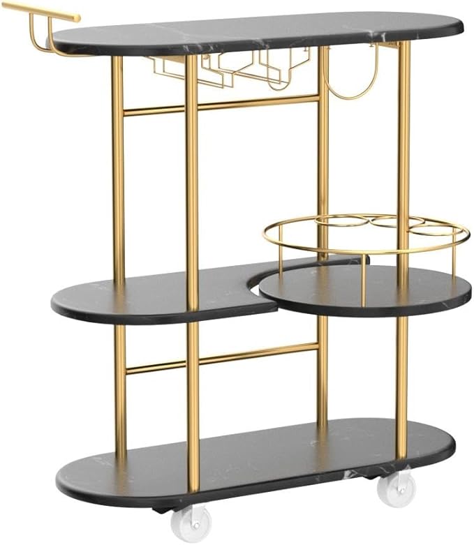 Black Bar Carts with 4-Tier Storage Shelves, Mobile Bar Serving Cart with Wine Rack and Glass Holder, for The Home, Kitchen, Living Room, Dining Room-Ruum Studio Home
