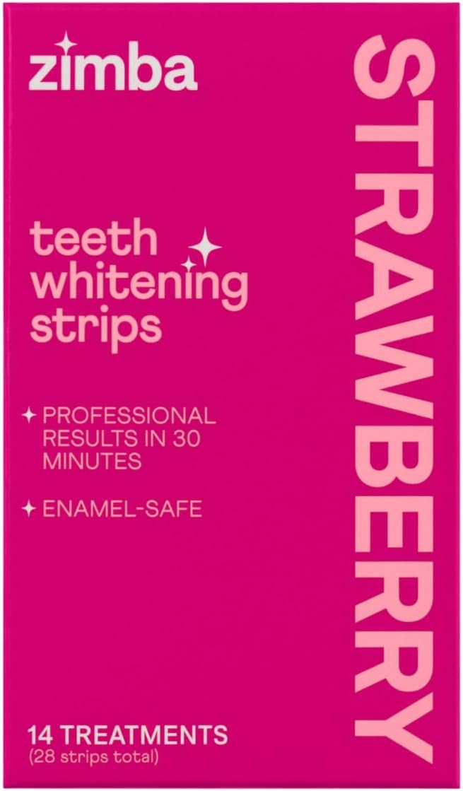 Zimba Strawberry Flavored Teeth Whitening Strips | Vegan, Enamel Safe Hydrogen Peroxide Teeth Whitener for Coffee, Wine, Tobacco, and Other Stains | 14 Day Treatment | Strawberry-Ruum Studio Home
