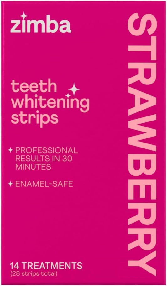 Zimba Strawberry Flavored Teeth Whitening Strips | Vegan, Enamel Safe Hydrogen Peroxide Teeth Whitener for Coffee, Wine, Tobacco, and Other Stains | 14 Day Treatment | Strawberry-Ruum Studio Home