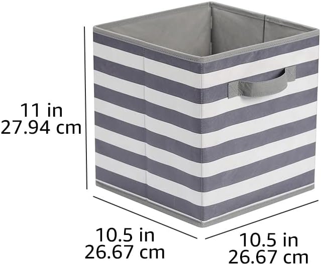 Amazon Basics Cube Organizer Storage Bins Handles, Collapsible Fabric, Pack of 6, 10.5"x10.5"x11", White/ Light Grey Stripe-Ruum Studio Home