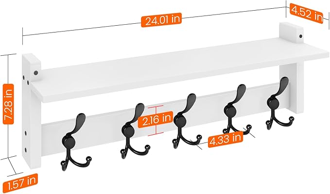Homode Wall Shelf with Hooks, 24 Inch Coat Rack with Tri Hooks, Farmhouse Entryway Floating Coat Hanger with Storage for Bathroom, Entry Way, Mudroom, White-Ruum Studio Home