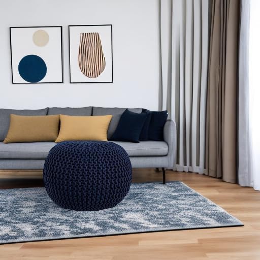 BIRDROCK HOME Round Pouf Ottoman | Cotton Braided Foot Stool with Bean Bag Filling | Boho Foot Rest for Living Room & Bedroom | Compact & Comfortable Seating, Lightweight & Soft | Navy-Ruum Studio Home