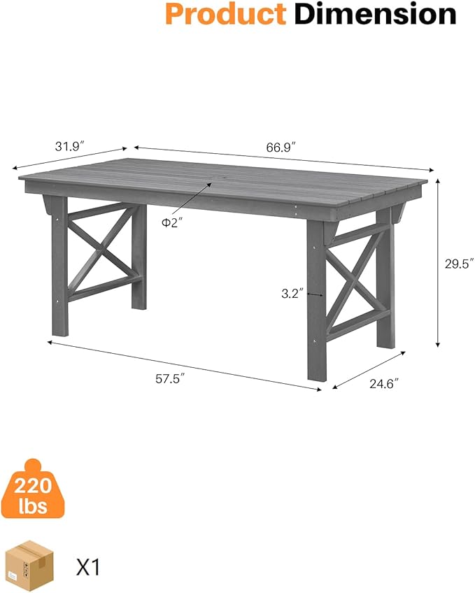 HDPE Outdoor Dining Table, 66.9” Rectangle Patio Dining Table for 6, All-Weather HDPE Outdoor Table with 2.2” Umbrella Hole, HDPE Patio Furniture for Deck, Backyard, Garden, Pool, Smoke Gray-Ruum Studio Home
