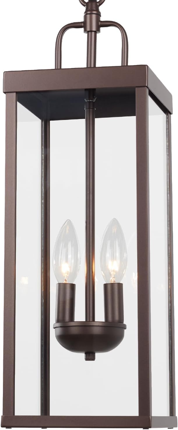 Large Outdoor Pendant Lantern Light Fixture for Front Porch, 20 Inch 2-Light Bronze Exterior Hanging Chandelier with Clear Glass, Outdoor Indoor Pendant Lamp for Patio, Gazebo, RZ008M-H ORB-Ruum Studio Home