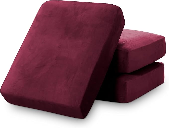 PrinceDeco Stretch Couch Cushion Covers Fitted Individual Seat Couch Slipcover Sets Velvet Fabric Soft Slip Cover for Chair Sofa Cushion Furniture Protector(Each Width Up to 29.5",Burgundy)-Ruum Studio Home