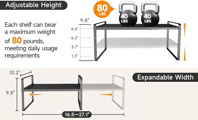 16.5~27.1" Expandable Shelf Organizer, 2Pack 10.2" Wide Stackable Cabinet Shelf Organizers, Black Metal Sturdy Kitchen Counter Storage for Countertop, Adjustable Height Spice Rack-Ruum Studio Home