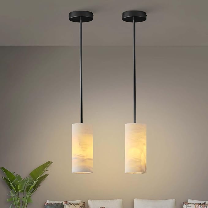Alabaster Pendant Light Kitchen Island, H-9.5in Black Pendant Light Fixtures with Natural Marble Shade, Adjustable Ceiling Pendant for Dining Room, Living Room, Bedroom & Bathroom-Ruum Studio Home