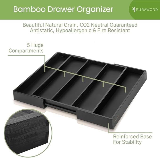 Purawood Kitchen Drawer Organizer - Expandable Utensil Organizer for Kitchen, Cutlery Tray & Silverware Organizer, 3-5 Slots - Bamboo Drawer Organizer for Utensils & Flatware (Black)-Ruum Studio Home