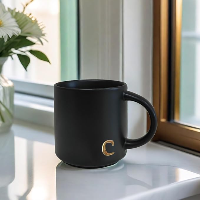 COLLECTIVE HOME - Black Monogram Ceramic Mugs, 15 oz Golden Initial Coffee Cups, Elegant Alphabet Tea Mugs, Personalized Halloween Mug with Gift Box, Perfect for Office and Home Décor (c)-Ruum Studio Home