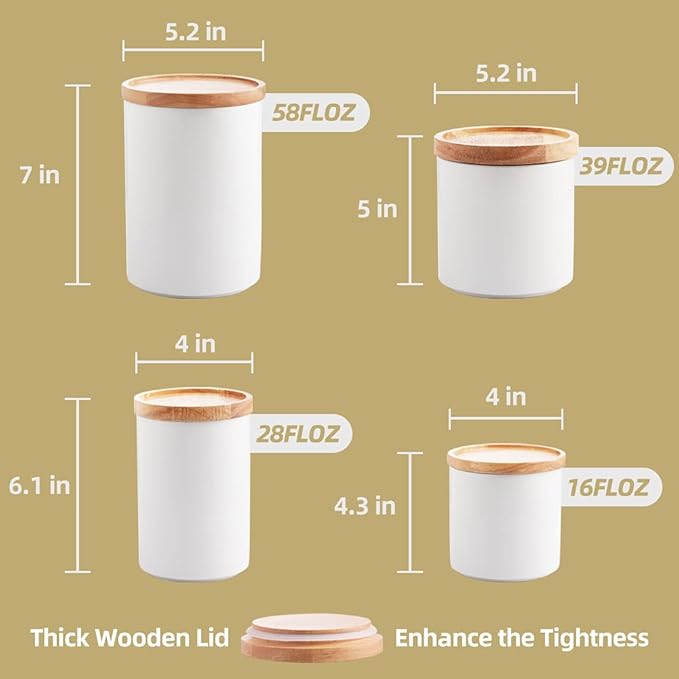 Sweejar Kitchen Canisters Ceramic Food Storage Jar Set, Stackable Containers with Airtight Seal Wooden Lid for Serving Ground Coffee, Tea, Herbs, Grains, Sugar, Salt - Set of 4 (White)-Ruum Studio Home