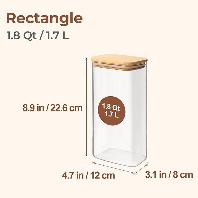 ComSaf 1.8 Qt Rectangle Glass Storage Containers with Lids, Glass Jars with Bamboo Lids, Clear Food Storage Jar, Sugar Coffee Containers, Pantry Storage Container for Pasta Rice Flour Oats Nuts Tea-Ruum Studio Home
