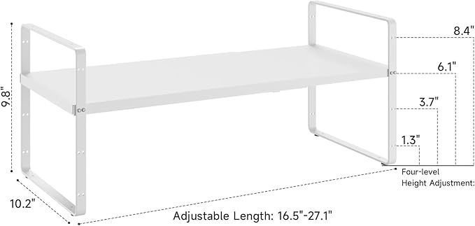 16.5~27.1" Expandable Shelf Organizer, 1Pack 10.2" Wide Stackable Cabinet Shelf Organizers, White Metal Sturdy Kitchen Counter Storage for Countertop, Adjustable Height Spice Rack-Ruum Studio Home