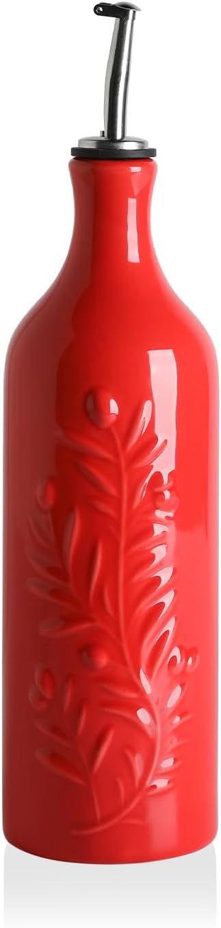 Sweejar Large Olive Oil Dispenser Bottle with Spout, 24 Oz Ceramic Oil Dispenser for Kitchen, Relief Opaque Cruet, Container for Cooking, EVOO, Vinegar, Pack of 1 (Red)-Ruum Studio Home