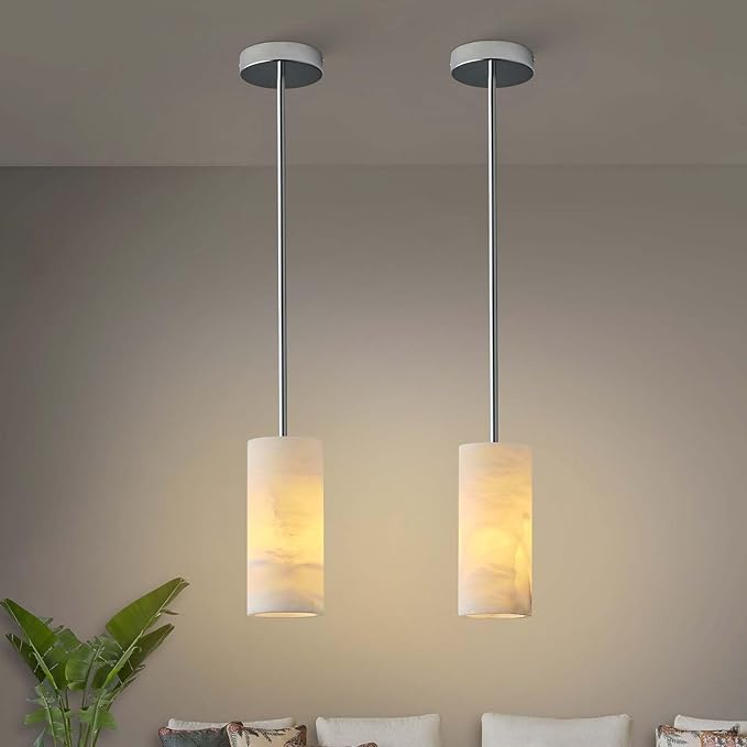 Alabaster Pendant Light Kitchen Island, H-9.5in Nickel Pendant Light Fixtures with Natural Marble Shade, Adjustable Ceiling Pendant for Dining Room, Living Room, Bedroom & Bathroom-Ruum Studio Home