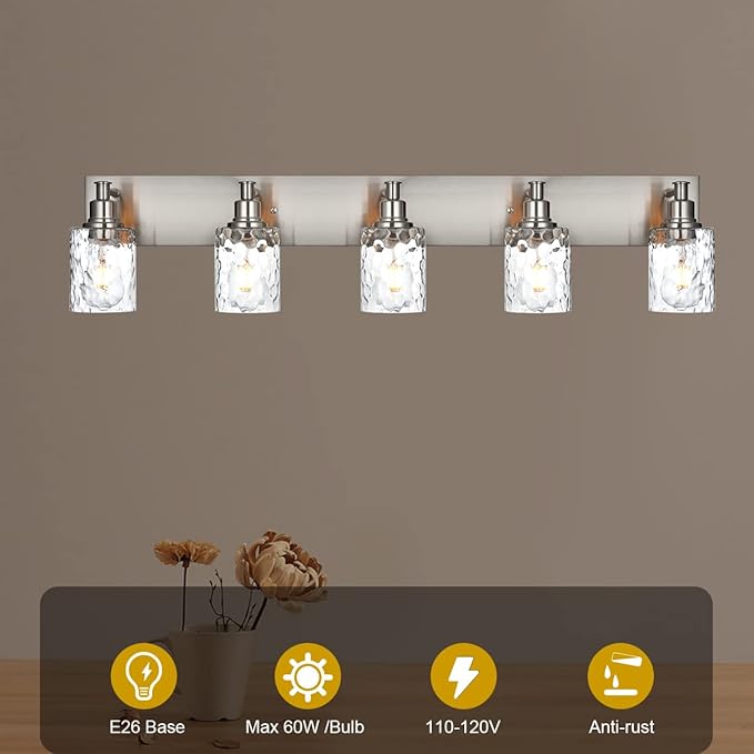 BONLICHT 5 Lights Sconces Wall Lighting Brushed Nickel with Hammered Glass Shade, Industrial Bathroom Light Fixtures Vanity Lights Porch Light Fixtures Classic Metal Wall Mount Lamp Over Mirror-Ruum Studio Home